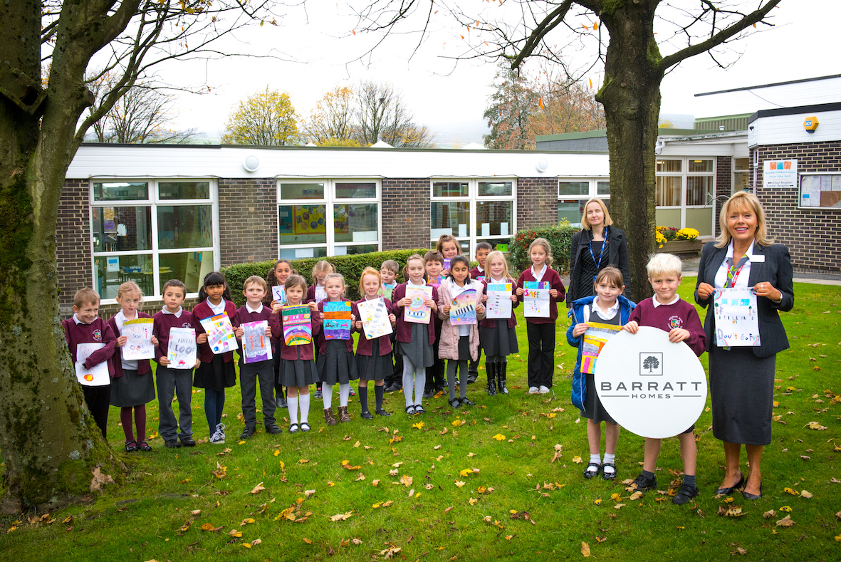 Pupils from Meltham Moor Primary School with Sales Adviser Tracey Morris
