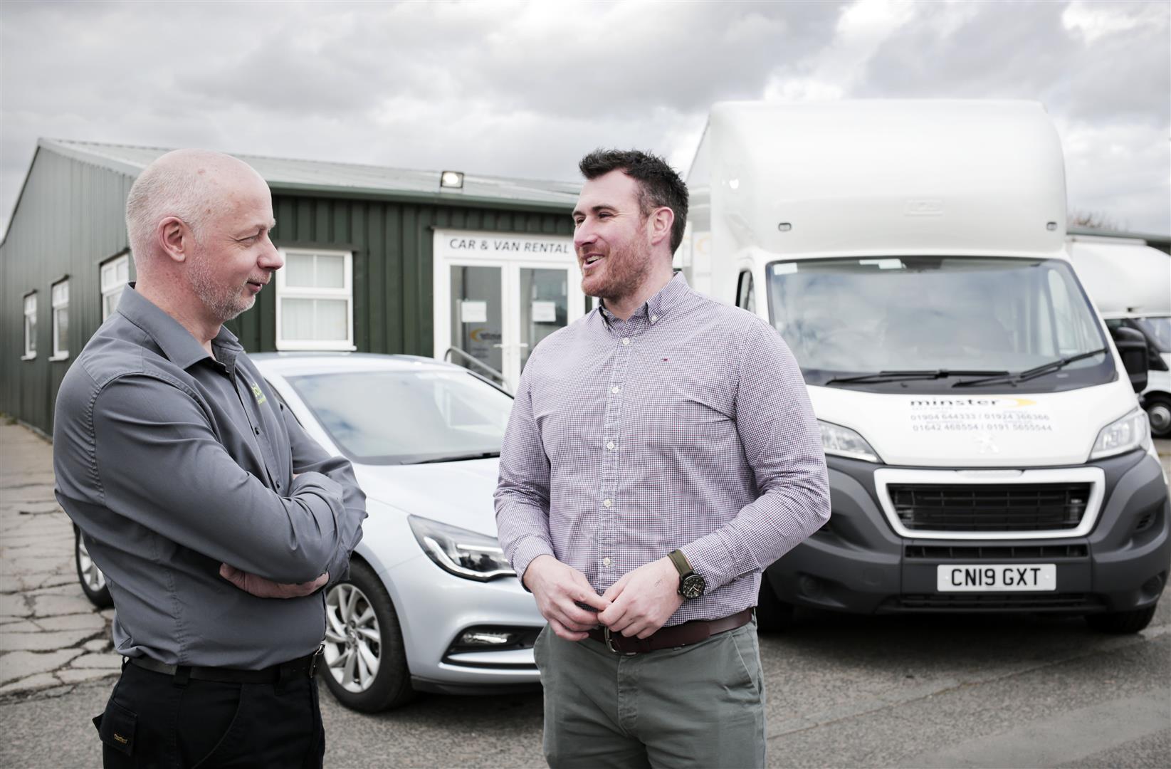 Garry Stonehouse (left) of Gbiz, welcomes new IT client Steve Hind of Minster Self-Drive Car & Van Rental. (Photo credit Stuart Boulton). (Large)