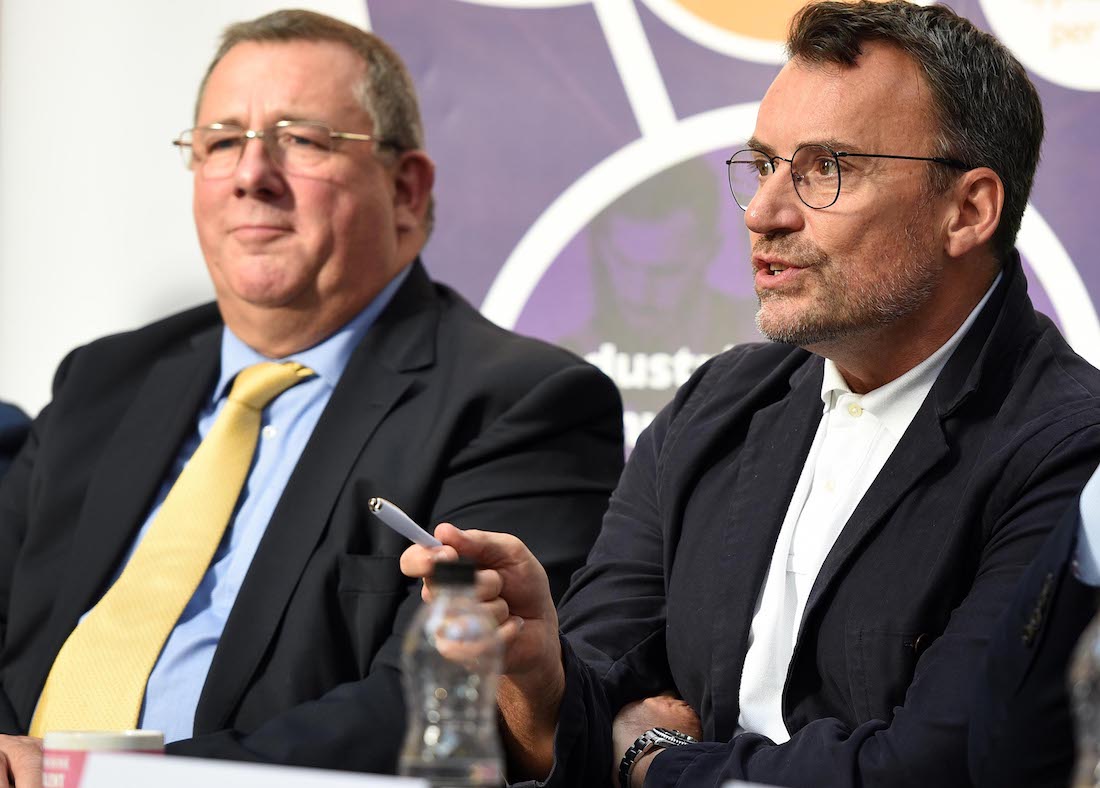 Nick Garthwaite (left) and Craig Burton (centre) chairing Bradford Manufacturing Live 2018
