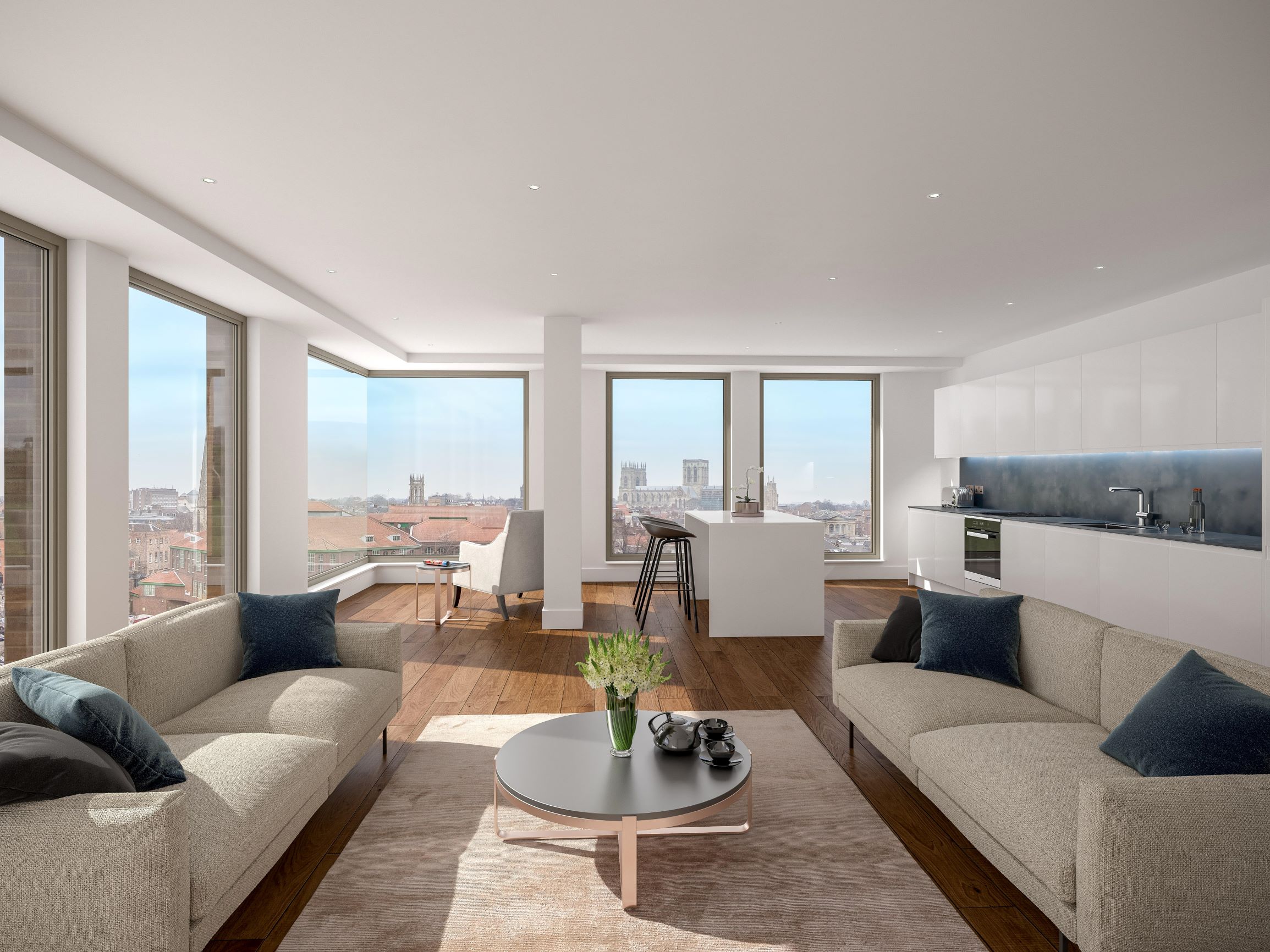 Floor to ceiling windows in the Ryedale House apartments give breathtaking views over the city of York