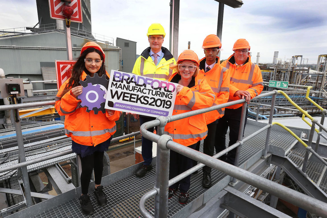 (L-R) Dixons Allerton Acadmeny student, Romessa Sabah, Solenis site manager, Dave Calder, Judith Cummins MP, Appleton Academy student Ibrahim, and MD of Christeyns and founder of Bradford Manufacturing Weeks, Nick Garthwaite copy