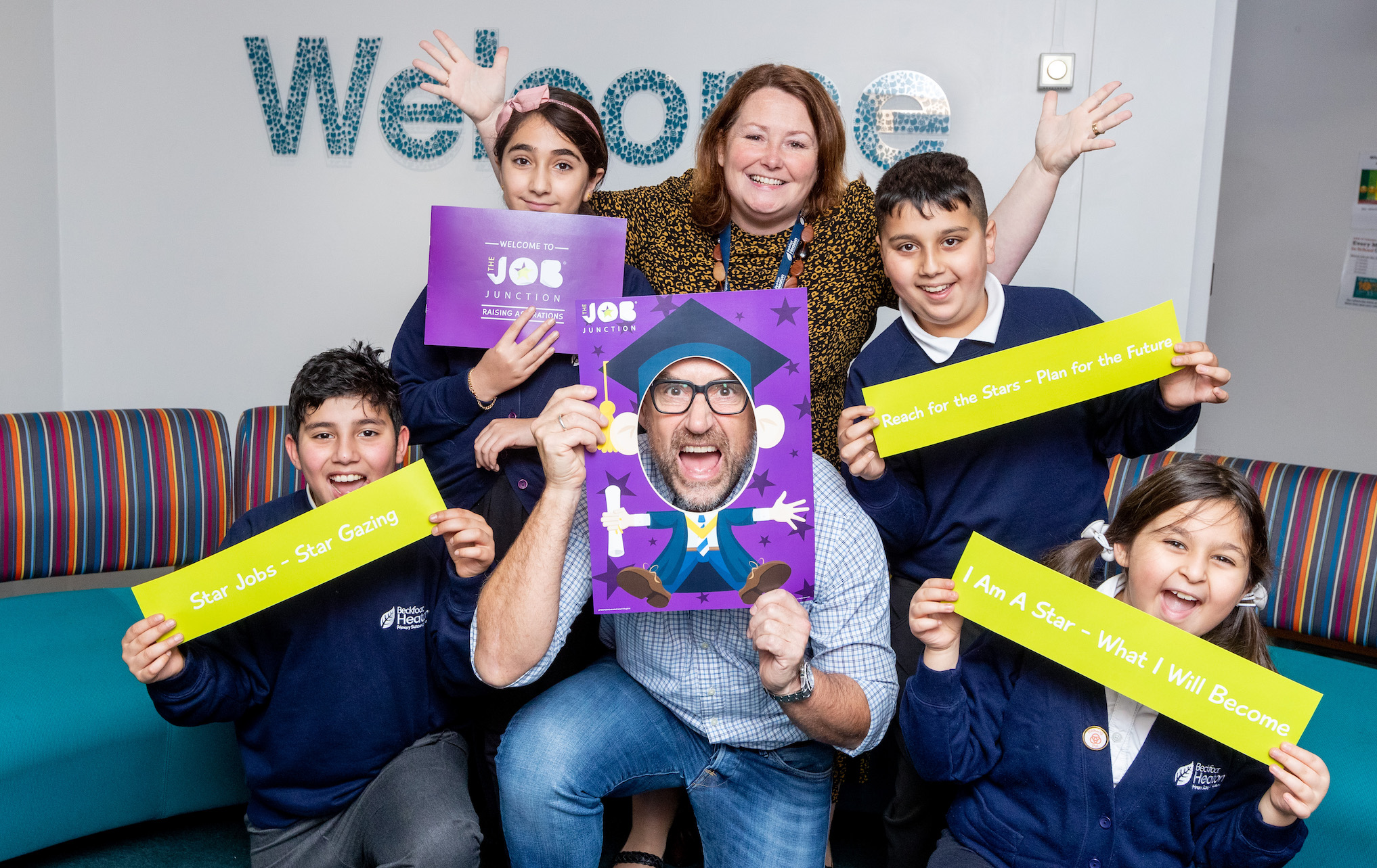 Craig Burton, MD of the Works Recruitment with head teacher, Zoe Mawson, and school children from Beckfoot Heaton Primary School (2) copy