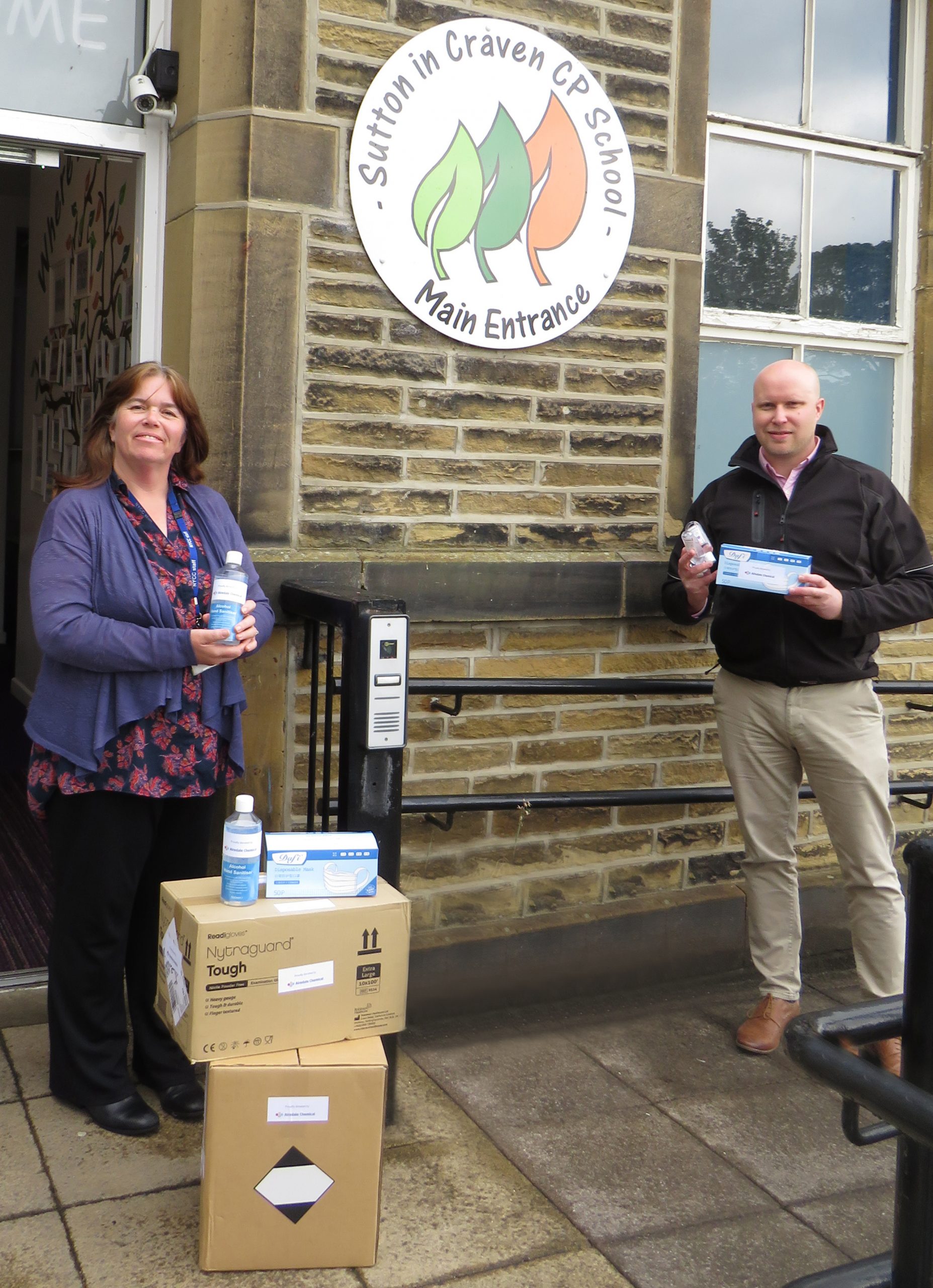 Jill Fletcher, deputy headteacher at Sutton-in-Craven Community Primary School with Daniel Marr, commercial director at Airedale Chemical